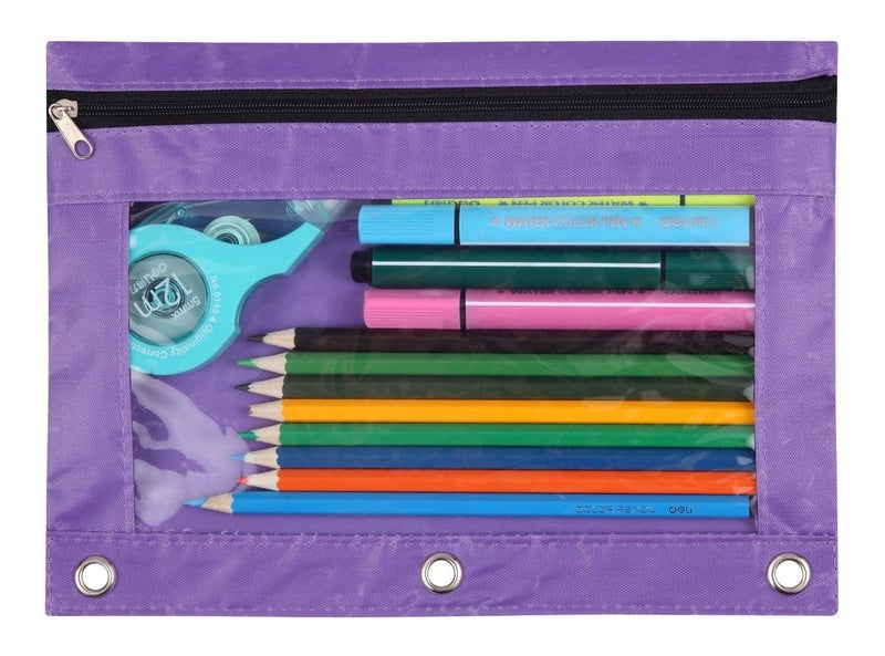WODISON 3-Ring Pen Pencil Pouch with Clear Window Stationery Bag Binder Case Classroom Organizers Purple - Image 1